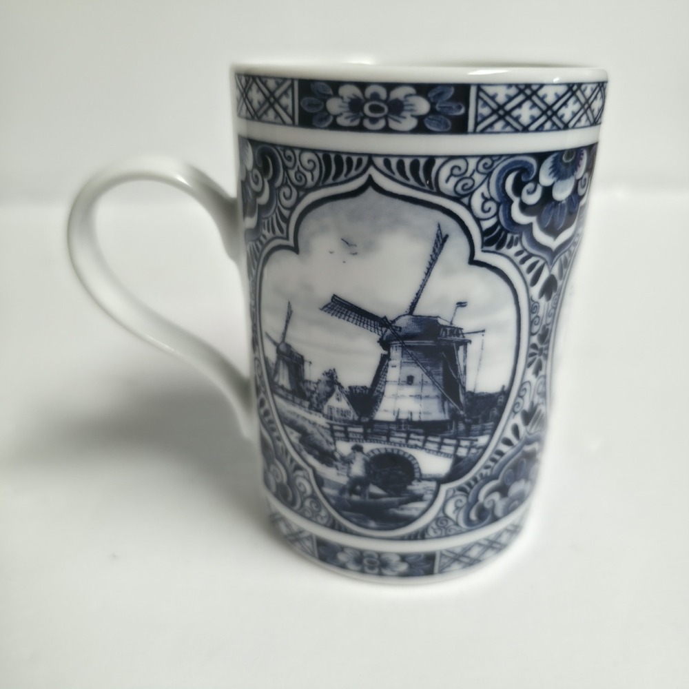 Vintage Delft Blue Coffee Mug Dutch Windmill Hand Painted Porcelain Cup